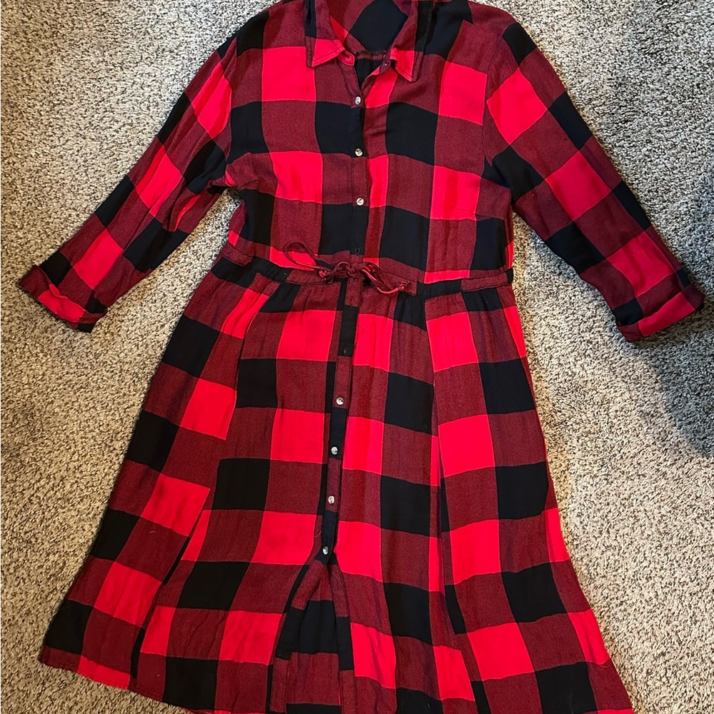 Maurices Red and Black Plaid Midi Shirt Dress